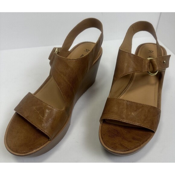 Johnston and Murphy Brown Leather Open Toe Wedges Wooden Heel Gold Buckle Sz 10 - Picture 10 of 10